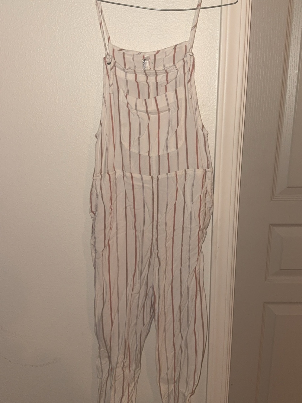 RVCA White Overalls with Rust and Gray Stripes
